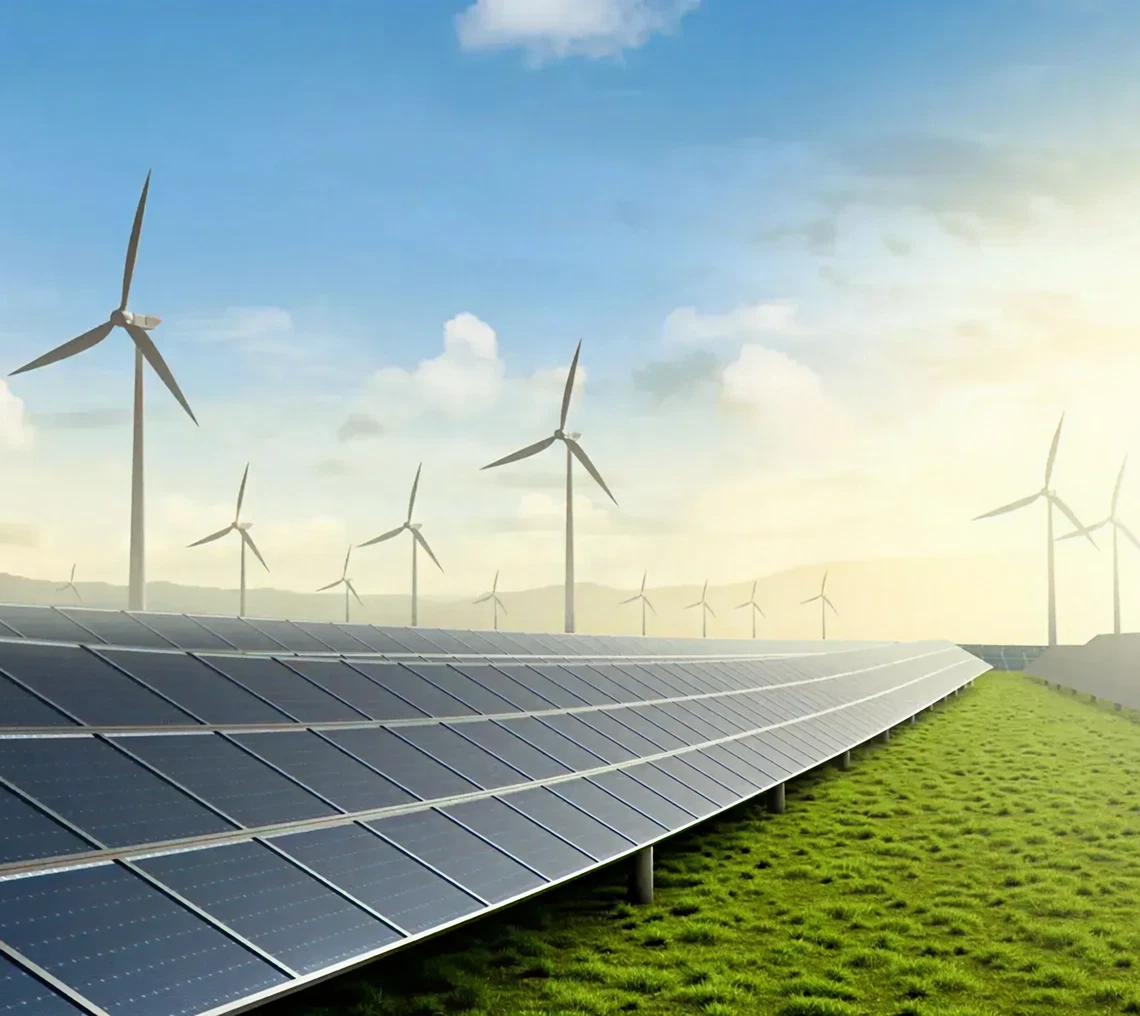 Solar panels and wind turbines in field